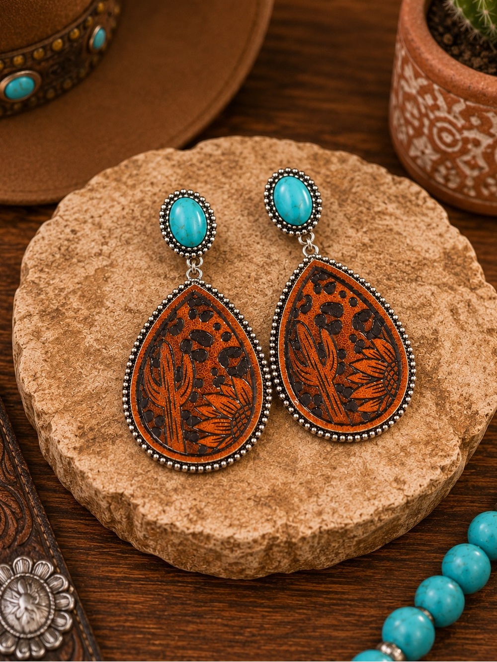 Western Tooled Leather Turquoise Cactus Leopard Print Teardrop Earrings